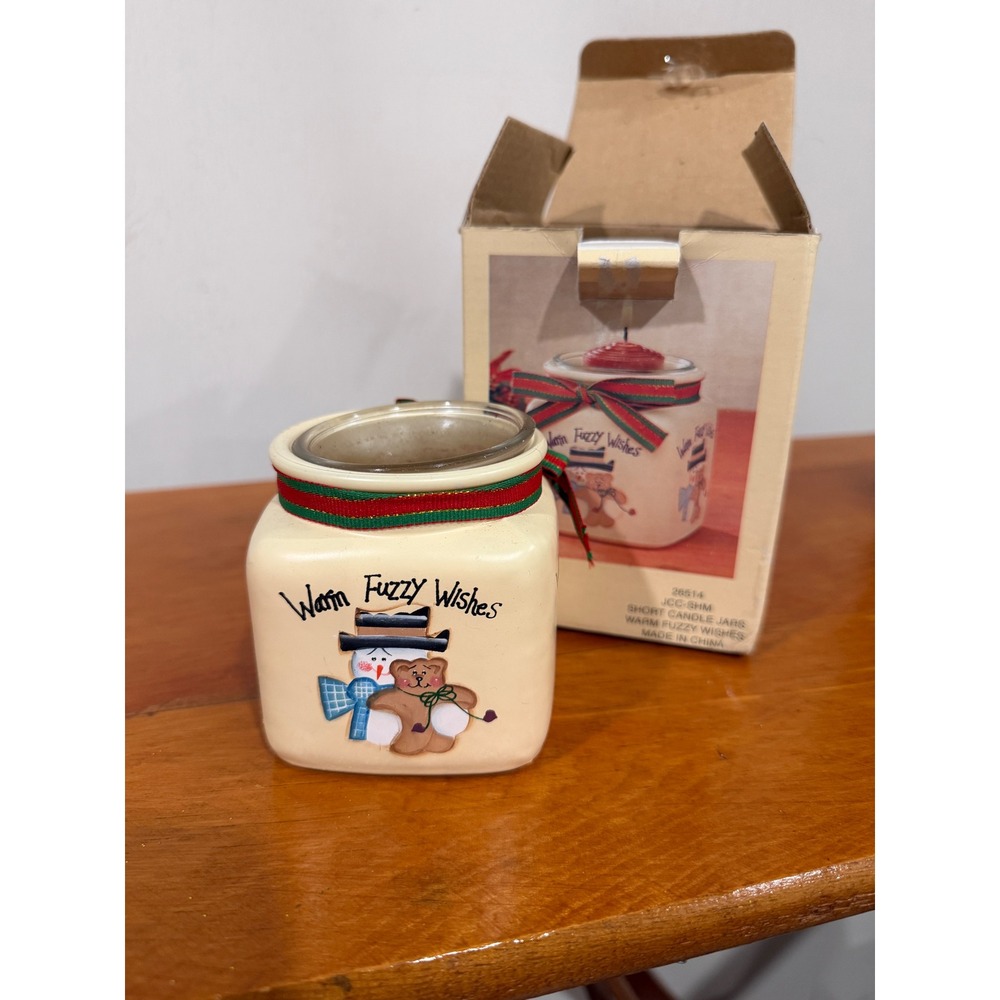 Vintage Warm Fuzzy Wishes Snowman Teddy Bear Ceramic Candle Jar Holder with Box